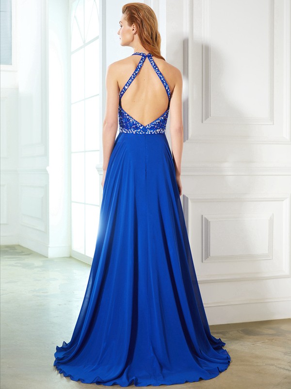 A-Line/Princess Jewel Sleeveless Beading Chiffon Sweep/Brush Train Dresses 3688