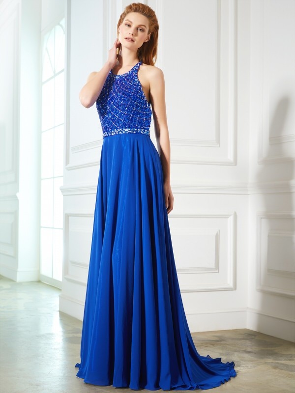 A-Line/Princess Jewel Sleeveless Beading Chiffon Sweep/Brush Train Dresses 3688