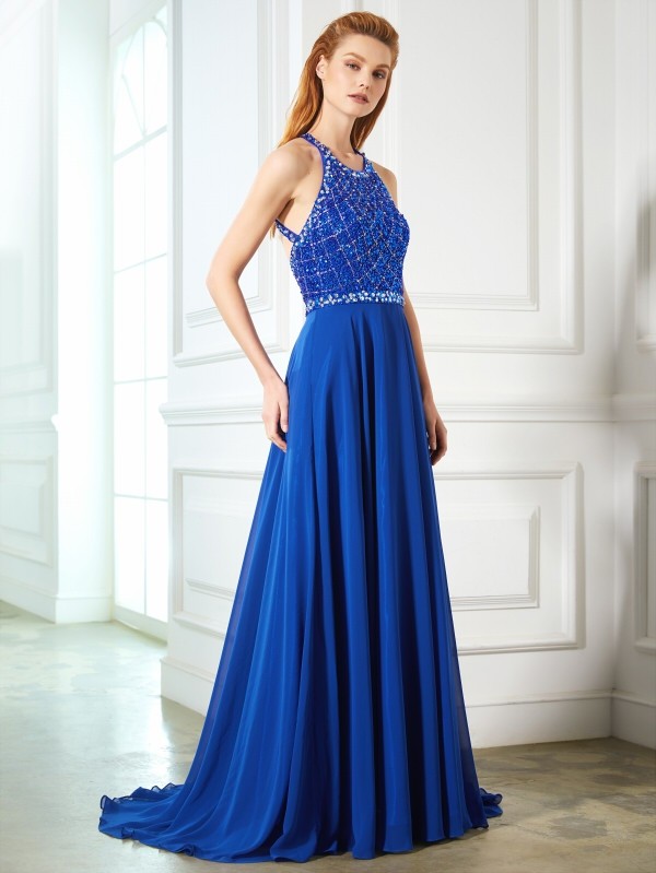 A-Line/Princess Jewel Sleeveless Beading Chiffon Sweep/Brush Train Dresses 3688