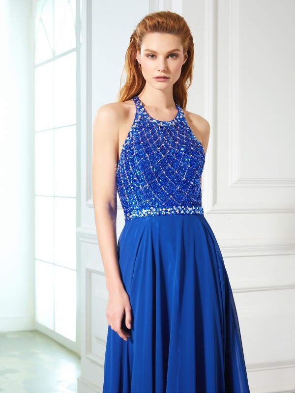 A-Line/Princess Jewel Sleeveless Beading Chiffon Sweep/Brush Train Dresses 3688