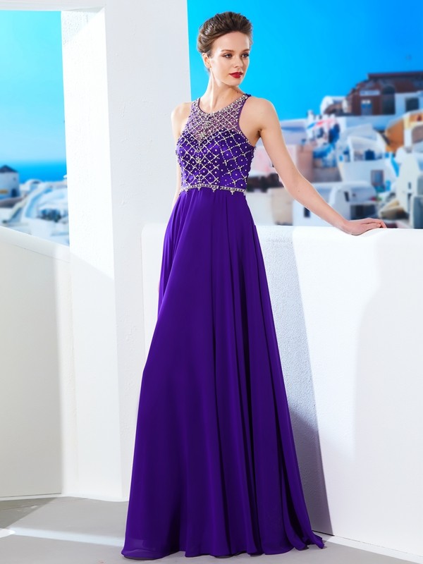 A-Line/Princess Sleeveless Chiffon Scoop Crystal Floor-Length Dresses 4502