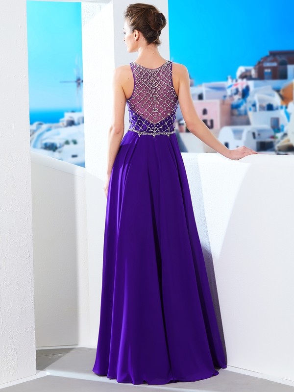 A-Line/Princess Sleeveless Chiffon Scoop Crystal Floor-Length Dresses 4502