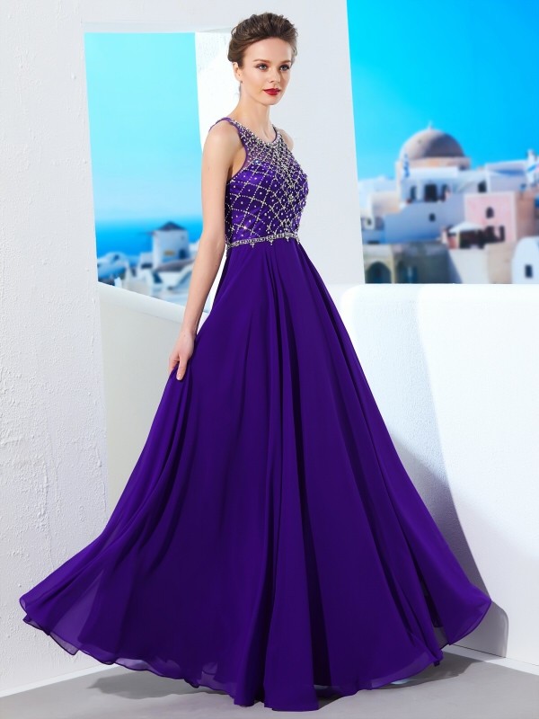 A-Line/Princess Sleeveless Chiffon Scoop Crystal Floor-Length Dresses 4502