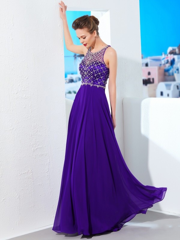 A-Line/Princess Sleeveless Chiffon Scoop Crystal Floor-Length Dresses 4502