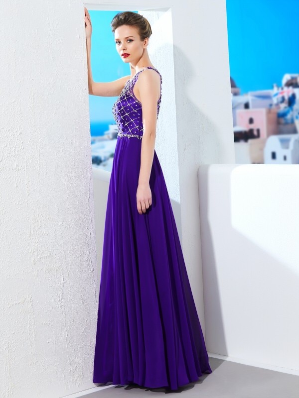 A-Line/Princess Sleeveless Chiffon Scoop Crystal Floor-Length Dresses 4502