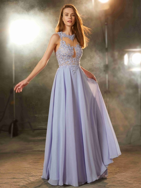 A-Line/Princess Scoop Sleeveless Floor-Length Applique Chiffon Dresses 4347