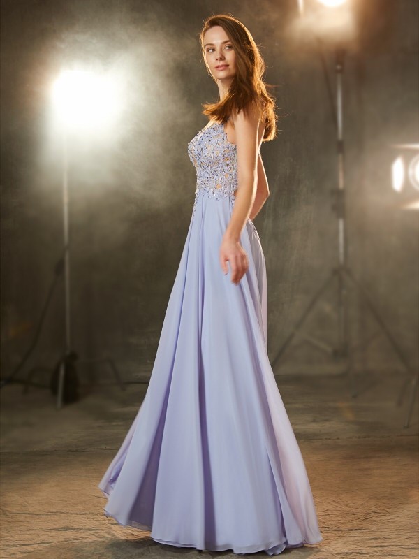 A-Line/Princess Scoop Sleeveless Floor-Length Applique Chiffon Dresses 4347