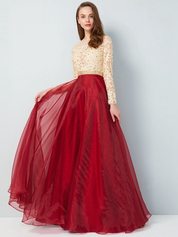 A-Line/Princess Sheer Neck Floor-Length Long Sleeves Applique Organza Dresses 4416