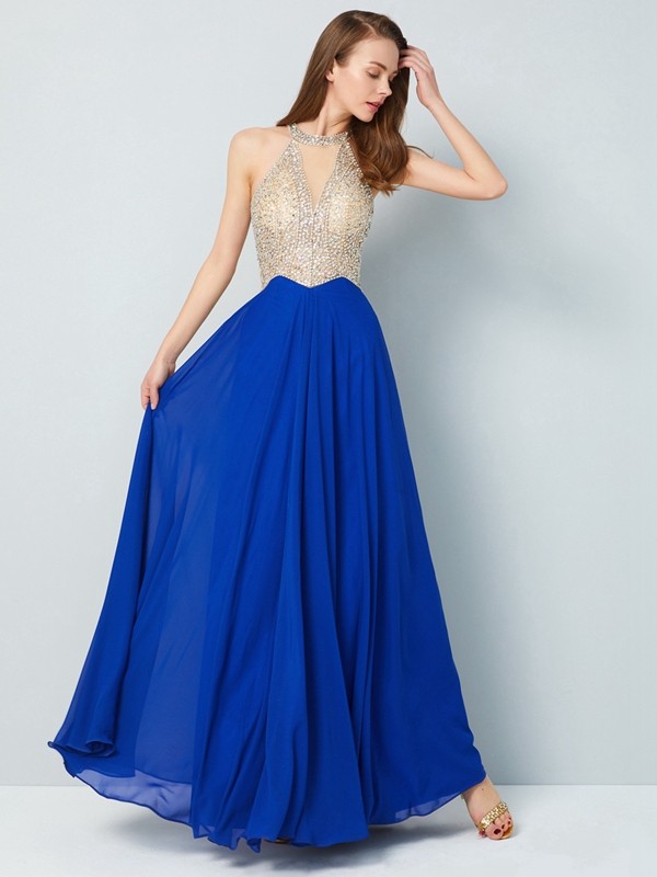 A-Line/Princess Scoop Sleeveless Floor-Length Crystal Chiffon Dresses 4358