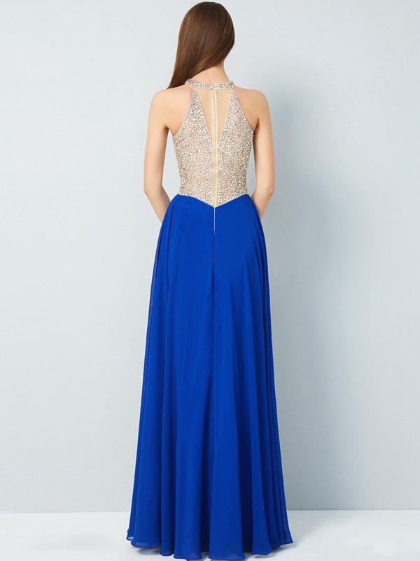 A-Line/Princess Scoop Sleeveless Floor-Length Crystal Chiffon Dresses 4358