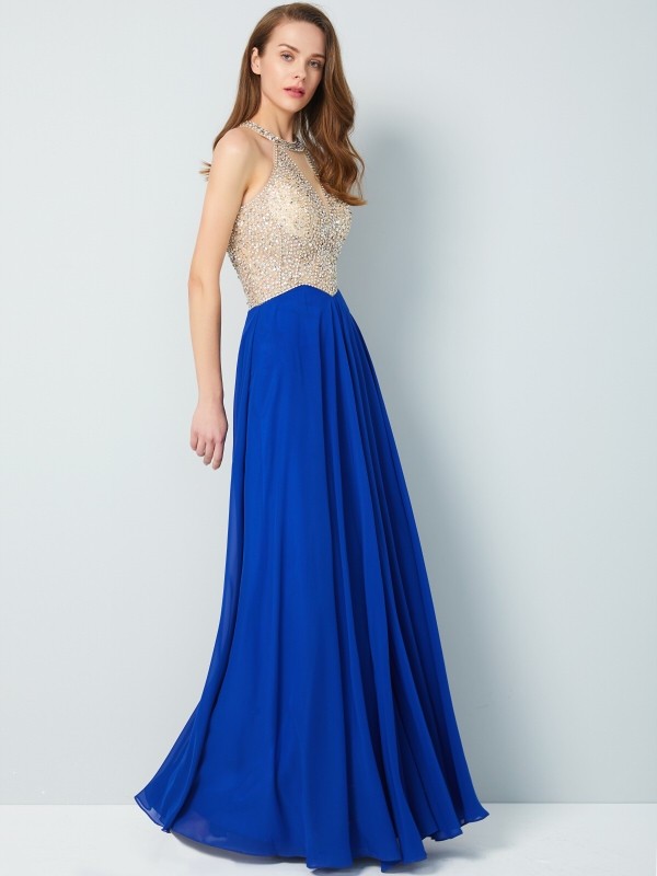 A-Line/Princess Scoop Sleeveless Floor-Length Crystal Chiffon Dresses 4358