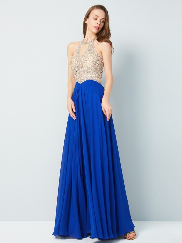 A-Line/Princess Scoop Sleeveless Floor-Length Crystal Chiffon Dresses 4358