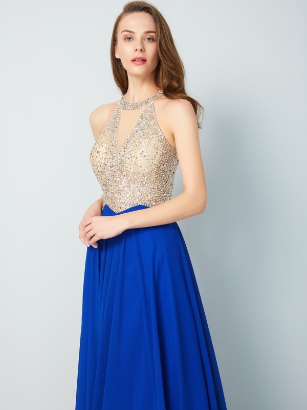 A-Line/Princess Scoop Sleeveless Floor-Length Crystal Chiffon Dresses 4358