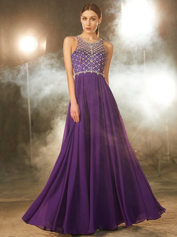 A-Line/Princess Sleeveless Chiffon Scoop Crystal Floor-Length Dresses 4503