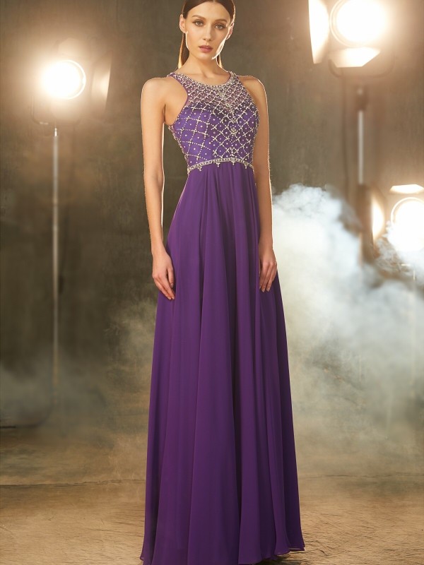 A-Line/Princess Sleeveless Chiffon Scoop Crystal Floor-Length Dresses 4503