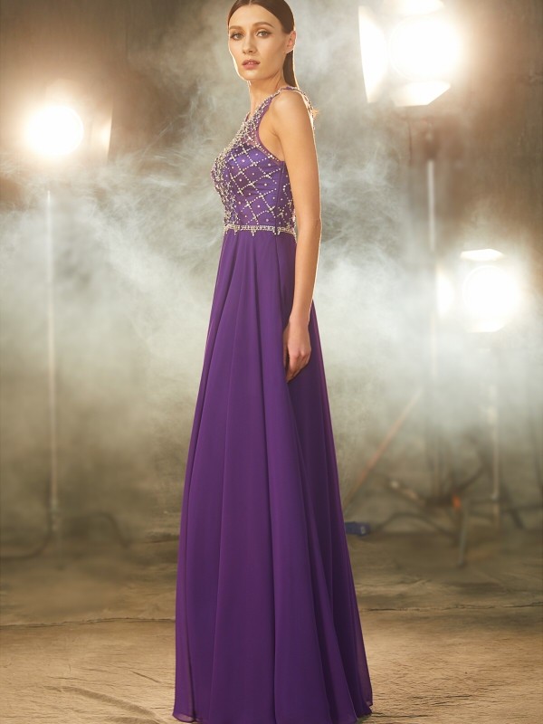 A-Line/Princess Sleeveless Chiffon Scoop Crystal Floor-Length Dresses 4503