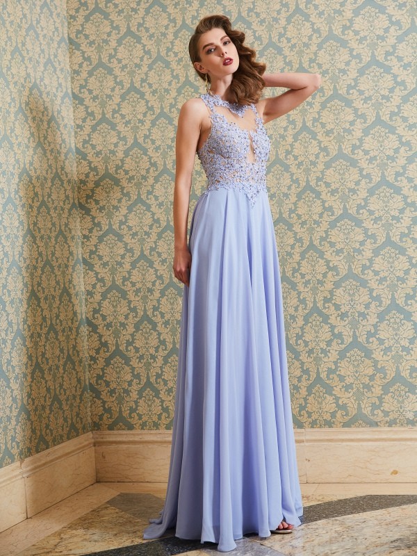 A-Line/Princess Scoop Sleeveless Sweep/Brush Train Applique Chiffon Dresses 4348