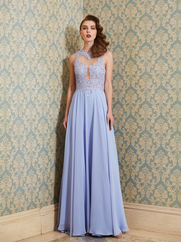 A-Line/Princess Scoop Sleeveless Sweep/Brush Train Applique Chiffon Dresses 4348