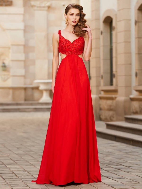 A-Line/Princess Straps Sleeveless Floor-Length Applique Chiffon Dresses 4852