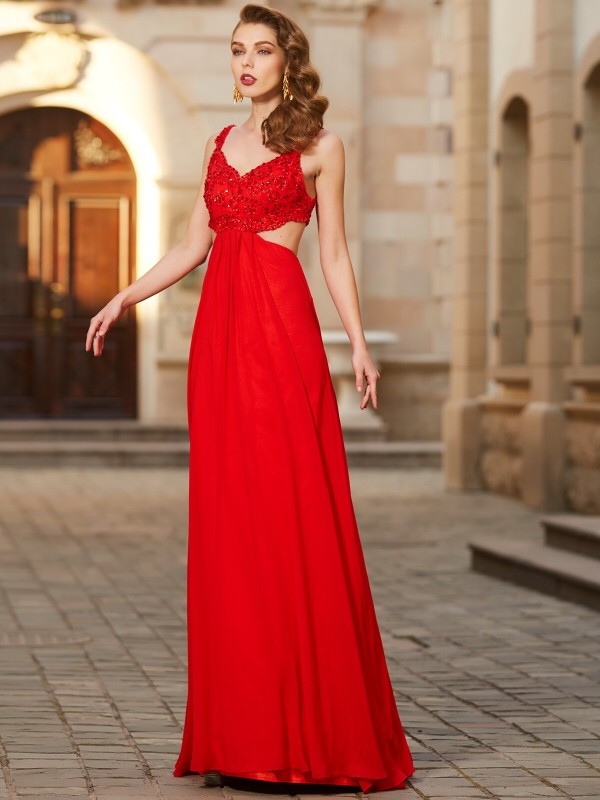 A-Line/Princess Straps Sleeveless Floor-Length Applique Chiffon Dresses 4852