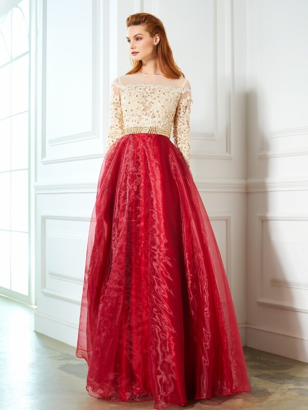 A-Line/Princess Sheer Neck Floor-Length Long Sleeves Applique Organza Dresses 4417