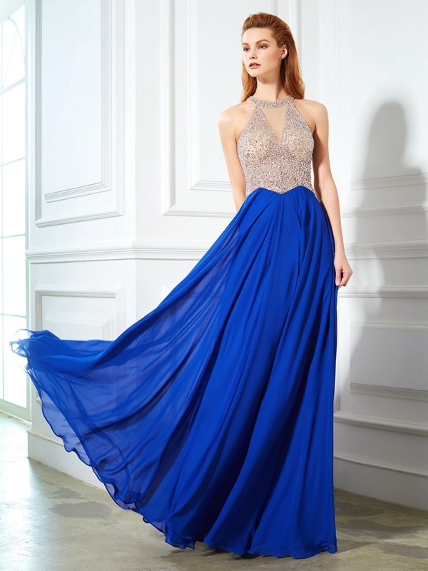 A-Line/Princess Scoop Sleeveless Floor-Length Crystal Chiffon Dresses 4359