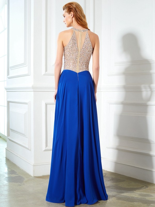 A-Line/Princess Scoop Sleeveless Floor-Length Crystal Chiffon Dresses 4359