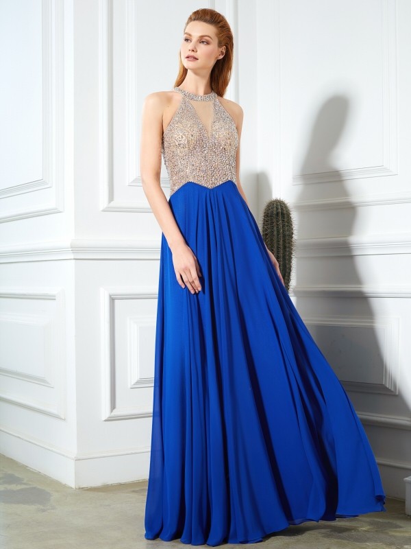 A-Line/Princess Scoop Sleeveless Floor-Length Crystal Chiffon Dresses 4359