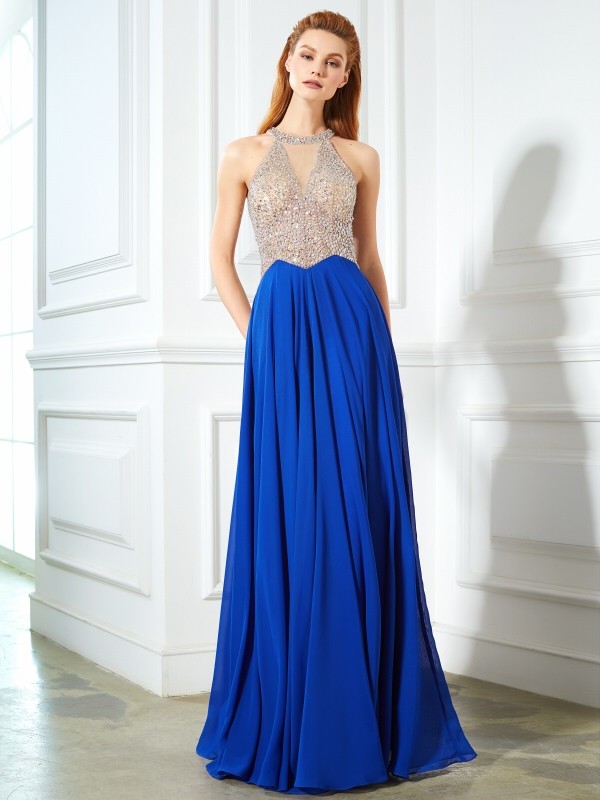 A-Line/Princess Scoop Sleeveless Floor-Length Crystal Chiffon Dresses 4359