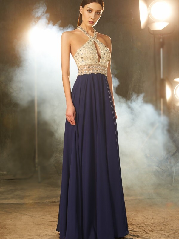 A-Line/Princess Sleeveless Straps Beading Chiffon Floor-Length Dresses 4616