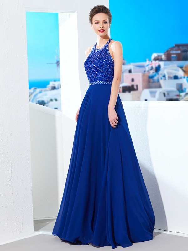 A-Line/Princess Jewel Sleeveless Beading Chiffon Sweep/Brush Train Dresses 3689