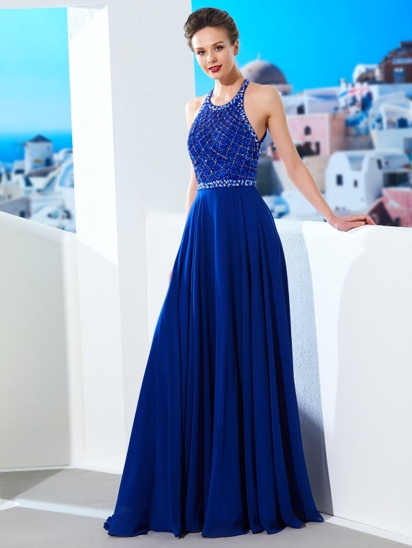 A-Line/Princess Jewel Sleeveless Beading Chiffon Sweep/Brush Train Dresses 3689