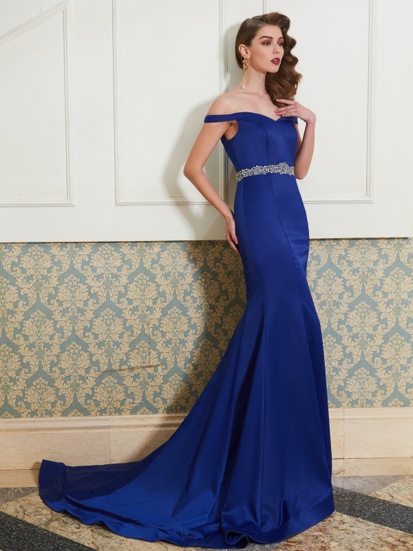 Trumpet/Mermaid Off-the-Shoulder Sleeveless Crystal Sweep/Brush Train Satin Dresses 7151