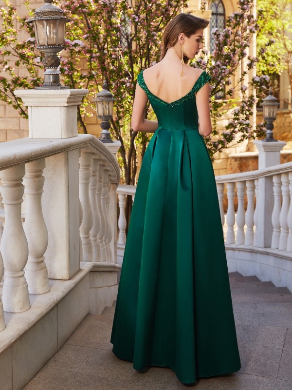 A-Line/Princess Off-the-Shoulder Sequin Sleeveless Satin Floor-Length Dresses 3804