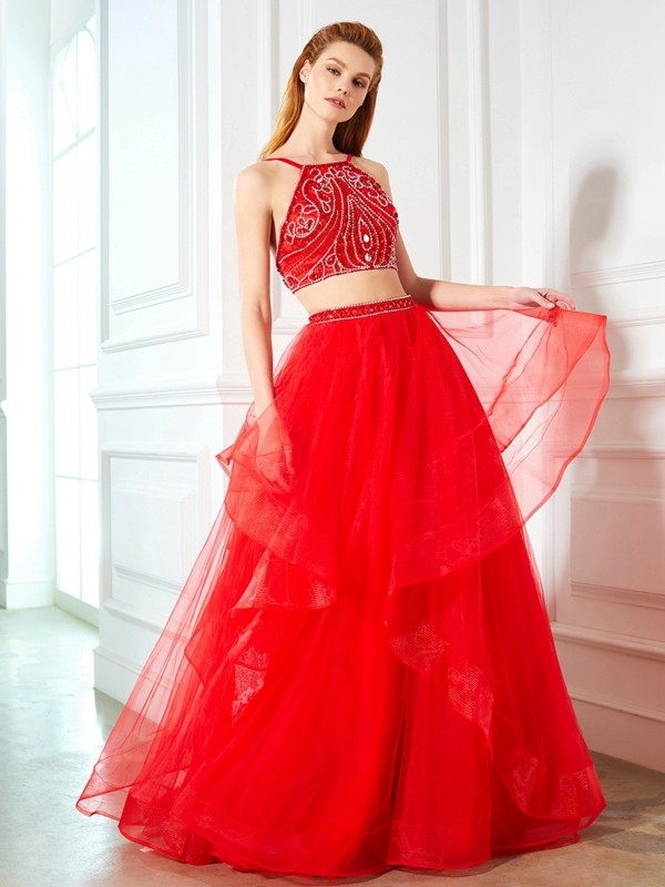 A-Line/Princess Spaghetti Straps Sleeveless Floor-Length Beading Tulle Two Piece Dresses 4720