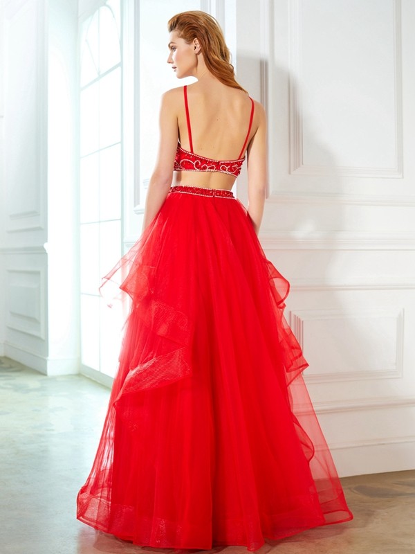 A-Line/Princess Spaghetti Straps Sleeveless Floor-Length Beading Tulle Two Piece Dresses 4720