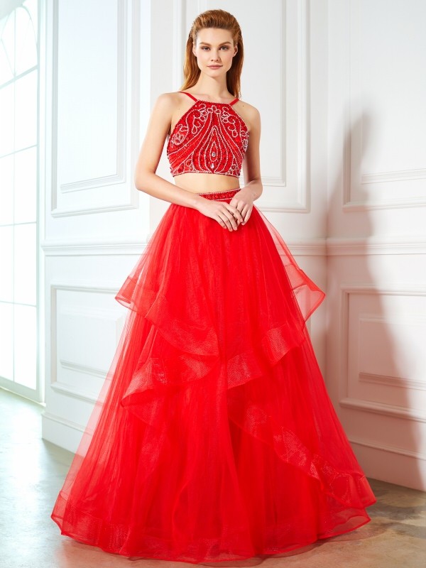 A-Line/Princess Spaghetti Straps Sleeveless Floor-Length Beading Tulle Two Piece Dresses 4720