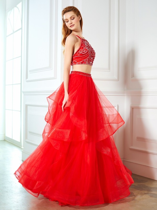 A-Line/Princess Spaghetti Straps Sleeveless Floor-Length Beading Tulle Two Piece Dresses 4720