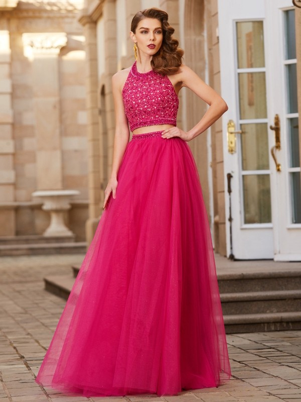 A-Line/Princess Halter Beading Sleeveless Tulle Floor-Length Two Piece Dresses 3571