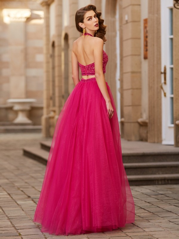 A-Line/Princess Halter Beading Sleeveless Tulle Floor-Length Two Piece Dresses 3571