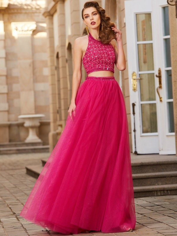 A-Line/Princess Halter Beading Sleeveless Tulle Floor-Length Two Piece Dresses 3571