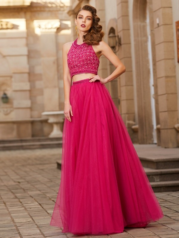 A-Line/Princess Halter Beading Sleeveless Tulle Floor-Length Two Piece Dresses 3571