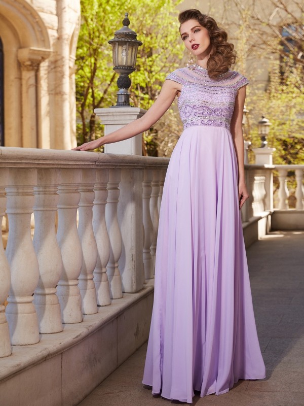 A-Line/Princess Scoop Short Sleeves Floor-Length Beading Chiffon Dresses 4335