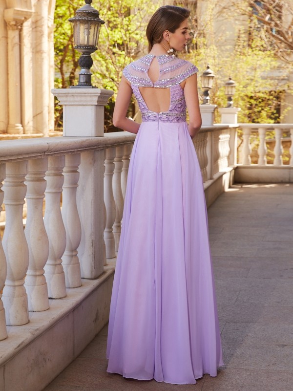 A-Line/Princess Scoop Short Sleeves Floor-Length Beading Chiffon Dresses 4335