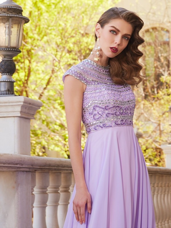 A-Line/Princess Scoop Short Sleeves Floor-Length Beading Chiffon Dresses 4335