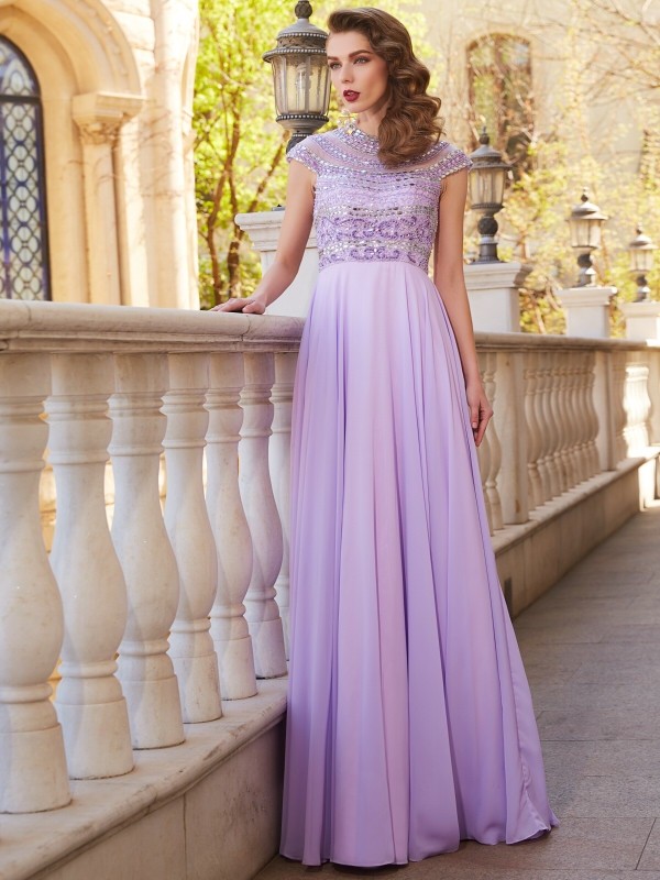 A-Line/Princess Scoop Short Sleeves Floor-Length Beading Chiffon Dresses 4335