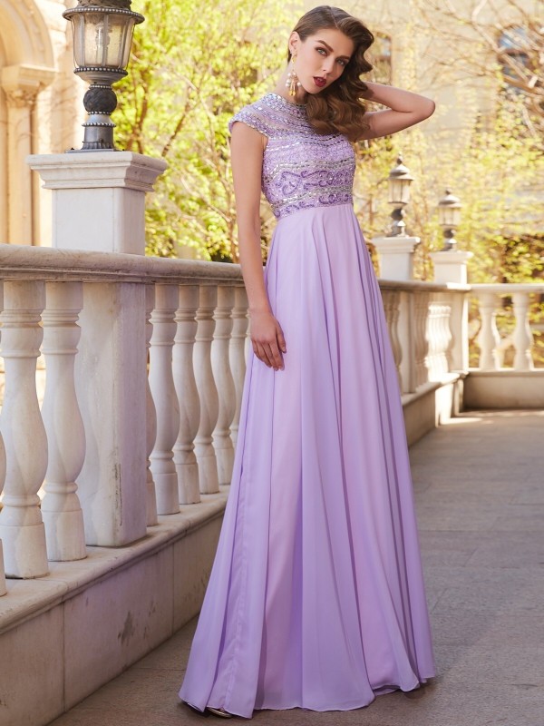 A-Line/Princess Scoop Short Sleeves Floor-Length Beading Chiffon Dresses 4335