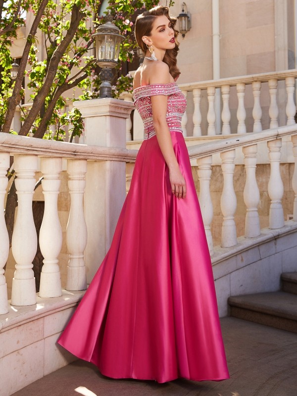 A-Line/Princess Off-the-Shoulder Beading Sleeveless Satin Floor-Length Two Piece Dresses 3790