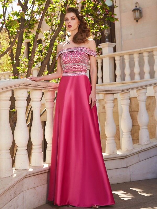 A-Line/Princess Off-the-Shoulder Beading Sleeveless Satin Floor-Length Two Piece Dresses 3790