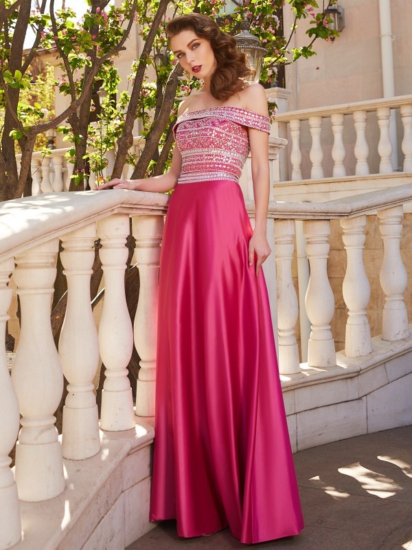 A-Line/Princess Off-the-Shoulder Beading Sleeveless Satin Floor-Length Two Piece Dresses 3790